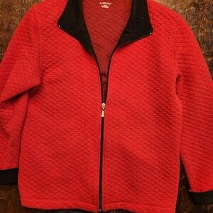Allison Daley M full zip sweater red with Black trim quilted pattern